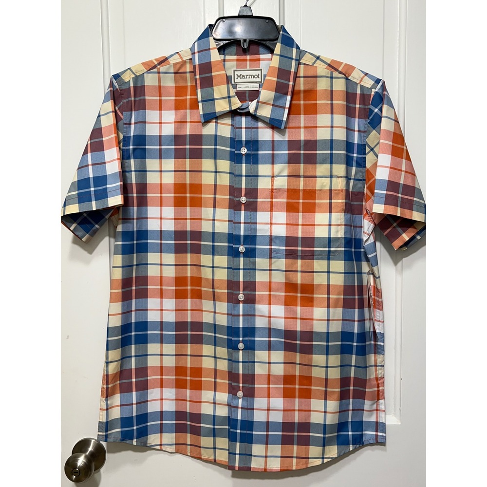 NWT Marmot Mens AirExchange UPF 40 Novelty SS Plaid Shirt Pomelo Wayland Medium